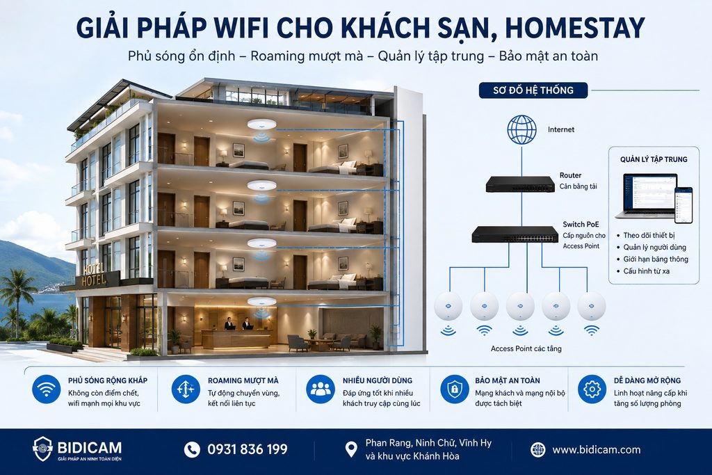 Mô hình hệ thống WiFi cho khách sạn và homestay sử dụng Access Point quản lý tập trung, roaming mượt và phủ sóng toàn bộ các tầng