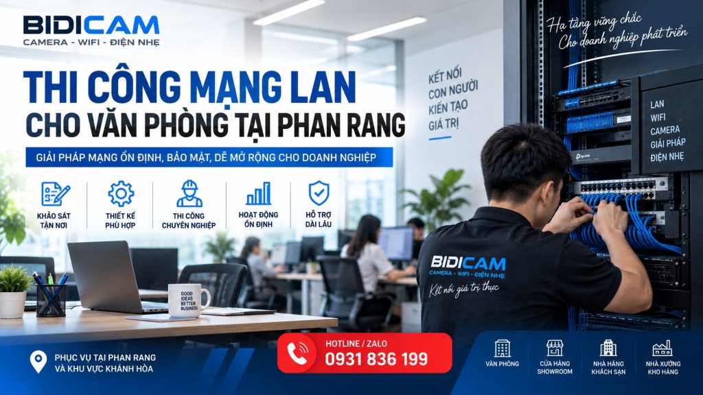 Thi công mạng LAN văn phòng tại Phan Rang với hệ thống tủ rack, switch, patch panel và cáp mạng chuyên nghiệp